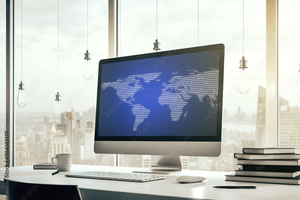 Aufkleber abstract graphic world map on modern laptop screen, connection and communication concept. 3d renderi