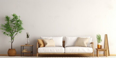 Urban living room with white couch and wooden furniture in bright setting, empty wall space.