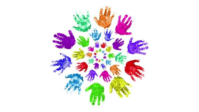 Video of People hands in circle on white background, Animation, Motion Graphics, Colorful hands on white background