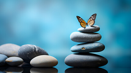 Fototapeta na wymiar A butterfly sits on top of a balanced rock, generative ai