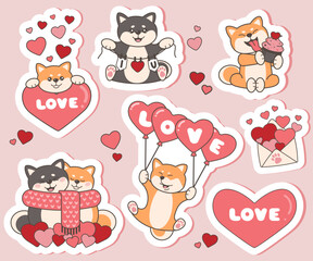 Valentine's day stickers with cute dogs siba inu. Love romantic set with hearts, love letter, cake, balloons