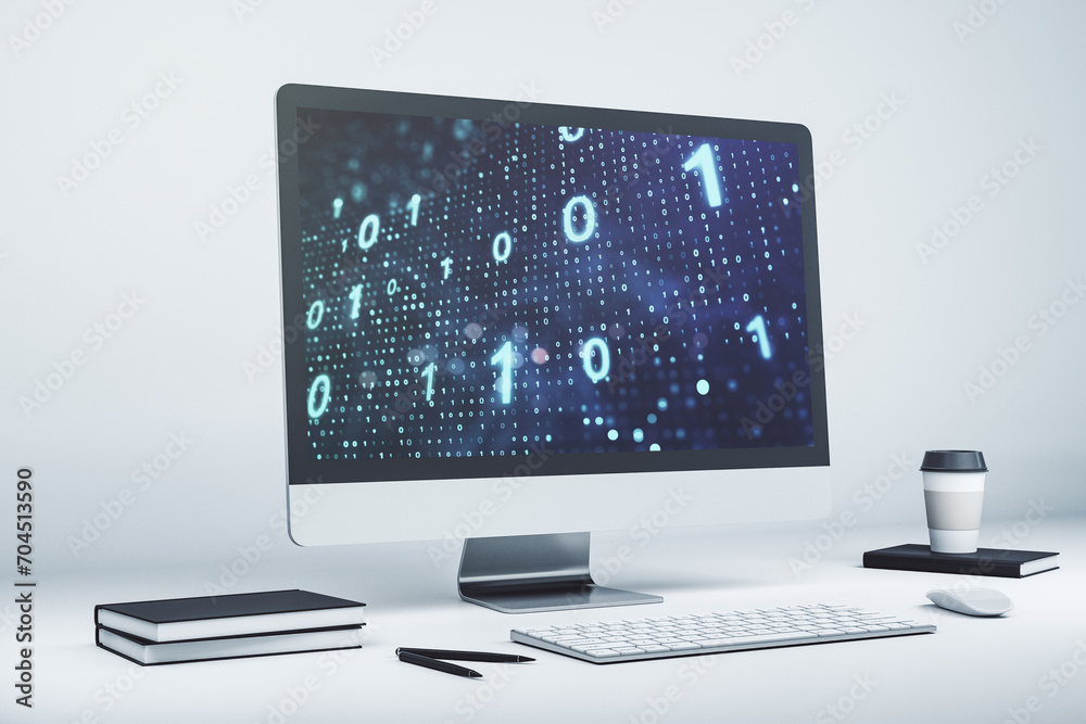 Aufkleber Modern computer monitor with creative abstract binary code hologram. Database and programming concept. 3D Rendering