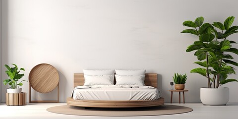 Minimal bedroom interior with white pillows, wooden bed, plants, and round rug.