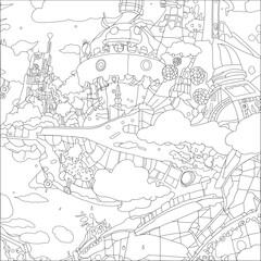 Fototapeta premium Black and white futuristic art of space and spaceship. Abstract doodle line art. Coloring book page. Vector illustration.