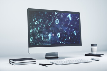 Modern computer monitor with creative abstract binary code hologram. Database and programming...