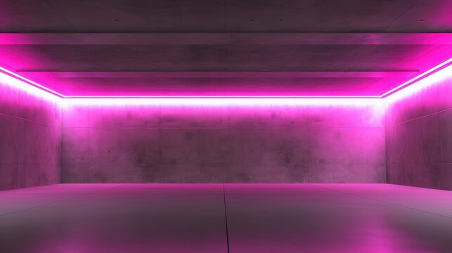 Empty modern concrete room with fluorescent neon tube ceiling lights, Magenta colors