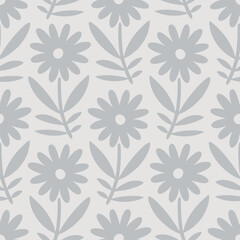 Hand drawn seamless pattern with decorative doodle flowers, repeat pattern with flowers and leaves