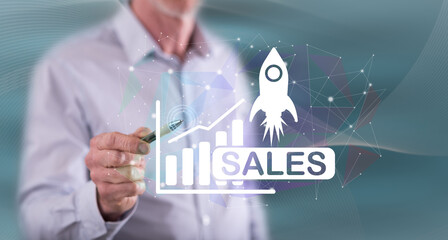 Man touching a sales growth concept