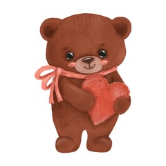 Teddy bear holding heart. Watercolor bear love. Cute animal with heart. Hand painted illustration isolated on white background. Drawing bear. St. Valentine day. Greeting card, print, poster, banner. 