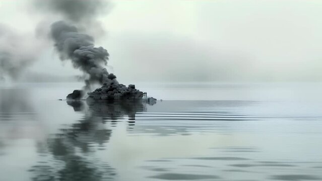 A dense cloud formation of smoke reflected on a water surface

