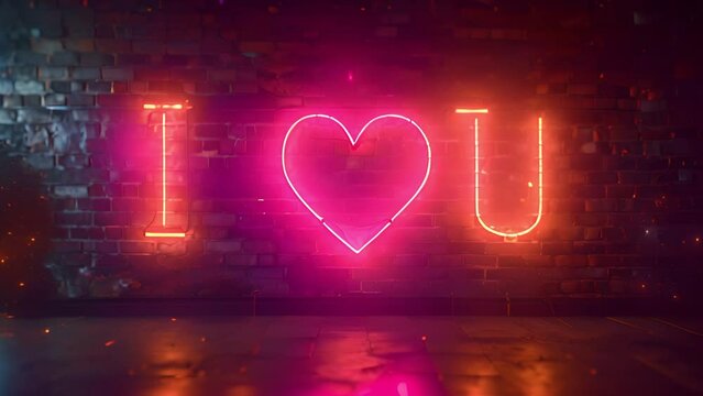 I love U in neon lights sparkling. Heart valentine day I Love You Neon Text Drawing Line Animation in dark Background. Colorful Love Concept. Creative Idea. made of pink neon light on wall. festive Ha