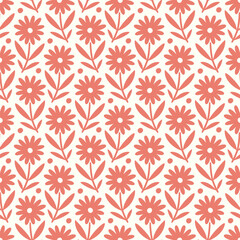 Hand drawn seamless pattern with decorative doodle flowers, repeat pattern with flowers and leaves