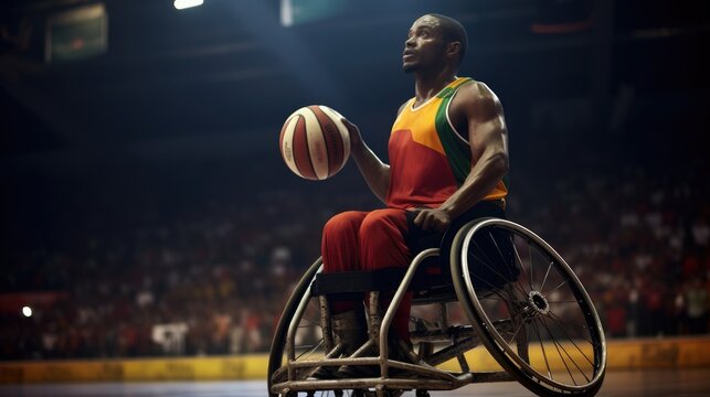 Low angle shot of a wheelchair basketball player at the panamerican games