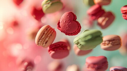 Close up of macaroons flying in the air a colorful background