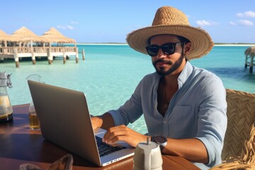 Millionaire sipping cocktail on the bahamas and working on his laptop