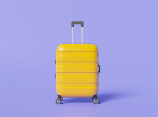 Yellow Suitcase on purple background. Front view. Travel object, suitcase for holiday, Trip planning, Travel to World, Travel equipment and luggage. Travel and tourism concept. 3d render illustration