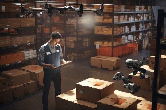 Experience the cutting-edge world of aerial logistics as a drone hovers above a parcel-filled warehouse, exemplifying the innovation and precision of modern .