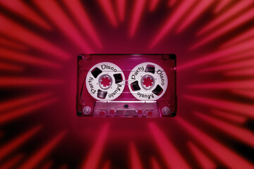 Red light rays projection background, photographed with the help of a gobo mask with a retro audio...