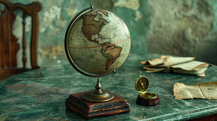 antique globe, wooden base, slightly faded colors, placed on a green marble table
