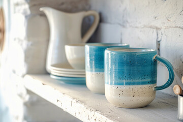Handmade pottery coffee mugs in vivid blue and white, set against a whitewashed kitchen backdrop