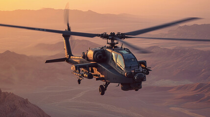 military attack helicopter, AH-64 Apache, hovering in a desert landscape at sunset, rotors in motion
