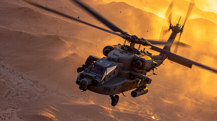 military attack helicopter, AH-64 Apache, hovering in a desert landscape at sunset, rotors in motion