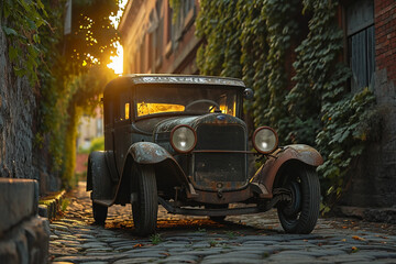 Classic 1920s car, photorealistic, rusted but majestic, parked in a cobblestone alley, ivy-covered...