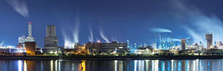 Panorama of chemical industry plant causing air pollution and climate change