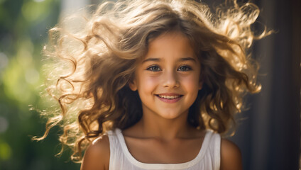 Little girl with beautiful hair outdoors in summer
