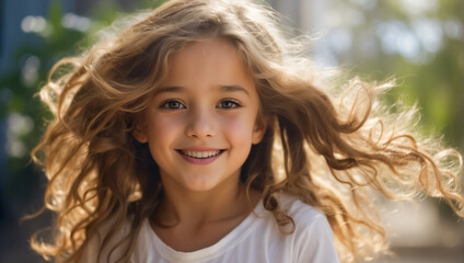 Fototapeta premium Little girl with beautiful hair outdoors in summer