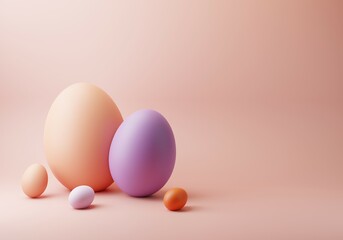 3D Happy Easter Eggs. Trendy Peach and Pastel Purple Colours on Pink Background with Copy space. Easter Day Design layout for invitation, card, menu, flyer, banner, poster, voucher. Elegant 3D render.
