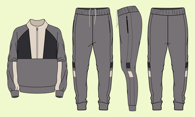 Athleisure tracksuit half zip long sleeve jacket and pants running jogging athletic sportswear set flat sketch vector illustration technical cad drawing template