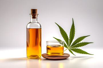 Glass bottle with cannabis CBD oil. Cannabis leaves background