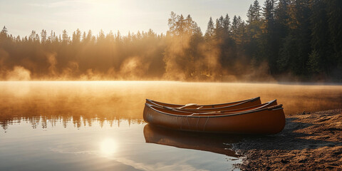 morning mist over a calm lake with canoes on the shore, pine trees in the backdrop