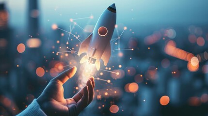 Businessman control rocket is launching and soar flying out from hand to sky for growth business, Fast business success, Startup business concept. - obrazy, fototapety, plakaty