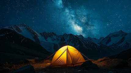 lone tent illuminated from inside, set against a starry night sky in the mountains