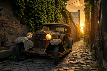 Classic 1920s car, photorealistic, rusted but majestic, parked in a cobblestone alley, ivy-covered walls