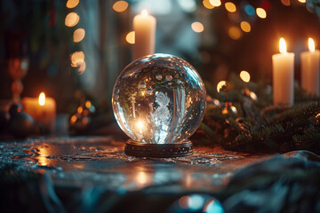A crystal ball on an ornate table, reflecting the magician's figure, mystical bokeh, surrounding candles