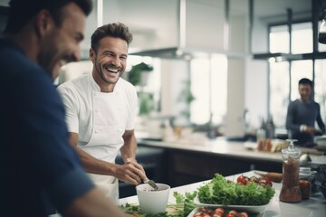 Young chef cooks in modern kitchen, European man, brown-haired man, restaurant, salad,  - obrazy, fototapety, plakaty