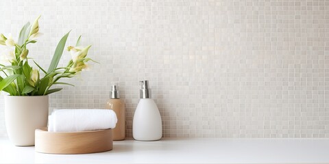 Wall tiles used as a background for design products in an interior bathroom table with a white mosaic. - obrazy, fototapety, plakaty