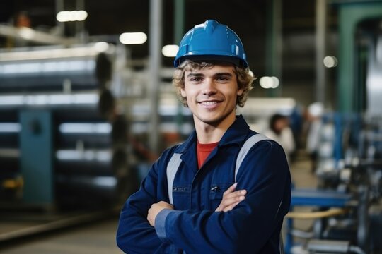 Young male muscular factory worker, wearing a blue hard hat, smiling at the camera, standing in a factory,
