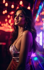 Fototapeta premium Photorealistic Photoshoot of an elegant young Indian model, immersed in a vibrant party mood within a bustling club setup. Wearing elegant party attire that sparkles under the light