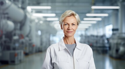 Portrait of poland female co-worker, wearing white chemical factory clothes, standing in a huge...