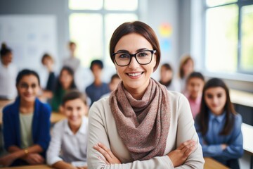 Portrait of smiling teacher in a class at elementary school looking at camera with learning students on background