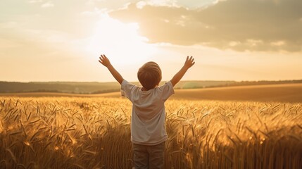 Side view, little boy in a field with arms raised in the air stock photos, in the style of animated gifs,  - obrazy, fototapety, plakaty