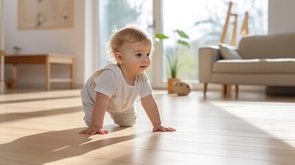 Side view of a 18 months baby crawling on the floor, warm and sweet, Ultra-realistic