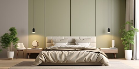 Beige and olive colored interior in a roomy bedroom.