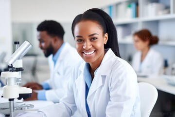 Fototapeta premium Smiling African American female doctor, working coworkers, laboratory background photo 