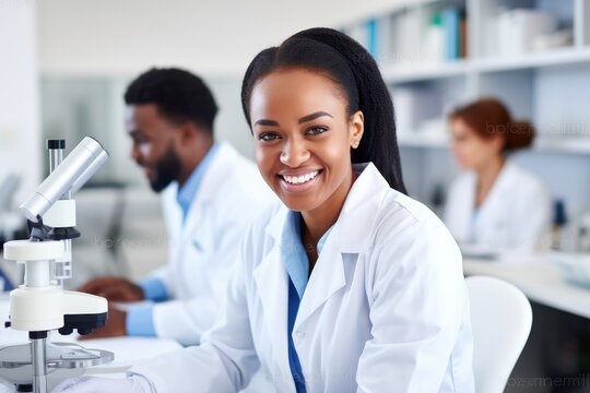 Smiling African American female doctor, working coworkers, laboratory background photo 