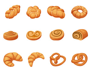 A set of wheat buns, pretzels and croissants. Vector illustration on a white background